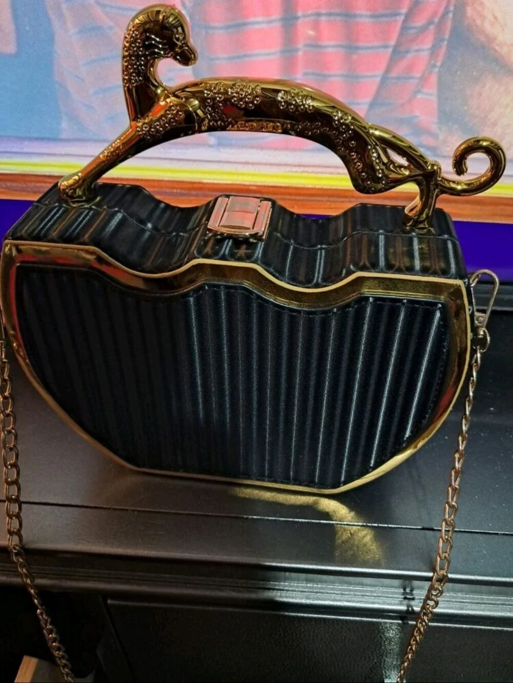 Black Heart-Shape Evening Clutch with Gold Panther Handle